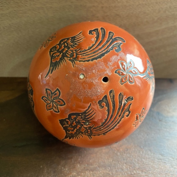 2 Carpet Ball Ceramic Pottery 4" Round Blue Floral Red Birds Glaze Decorative - Picture 5 of 11